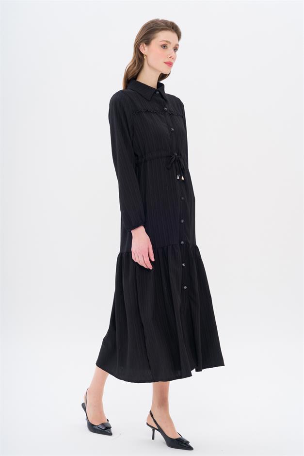 Pleated Waist Scallop Detail Dress BLACK 9324-E