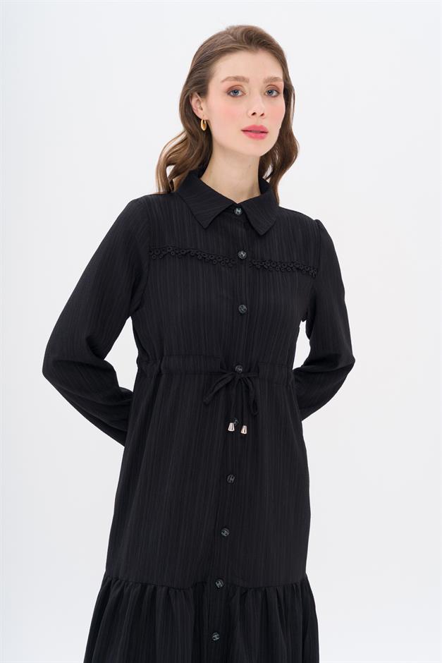 Pleated Waist Scallop Detail Dress BLACK 9324-E