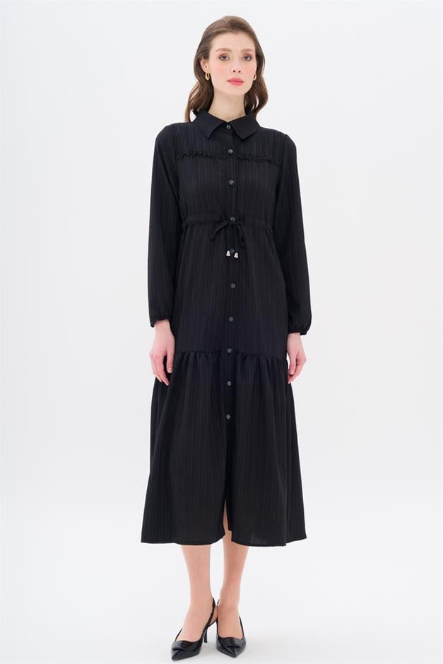 Pleated Waist Scallop Detail Dress BLACK 9324-E