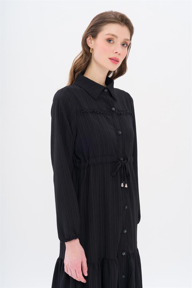 Pleated Waist Scallop Detail Dress BLACK 9324-E