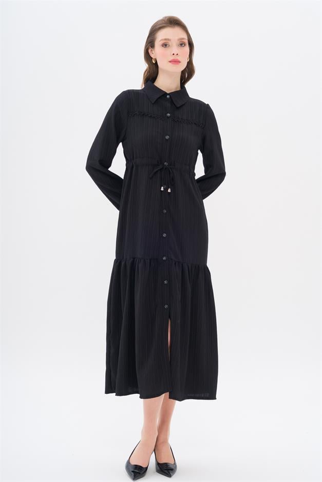 Pleated Waist Scallop Detail Dress BLACK 9324-E