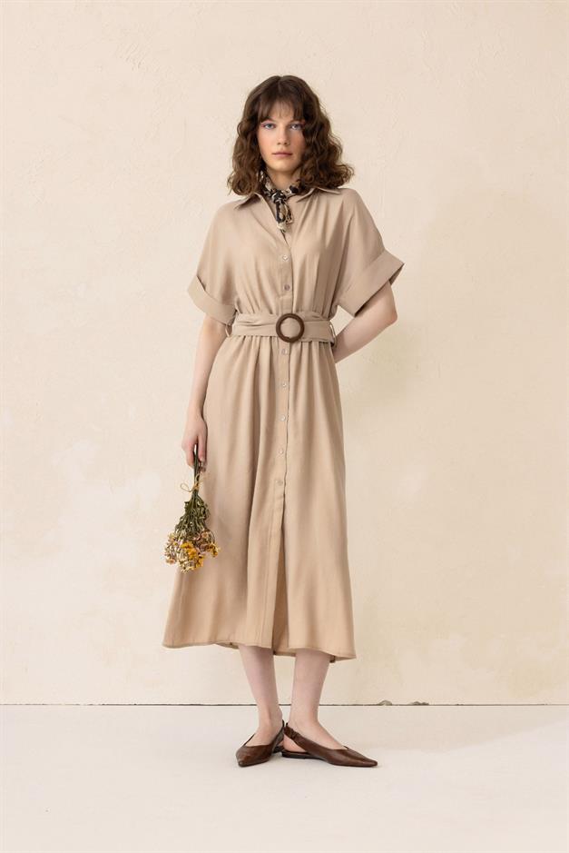 Modal Dress with Gathered Waist Belt Detail IVORY 9307-E