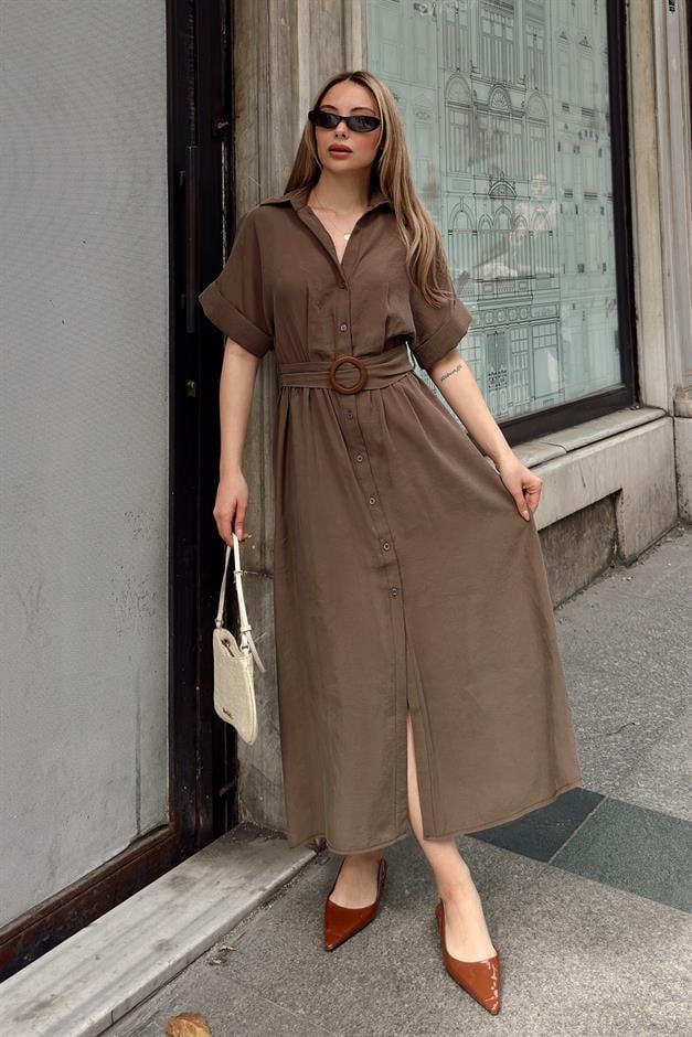 Modal Dress with Gathered Waist Belt Detail COFFEE 9307-E