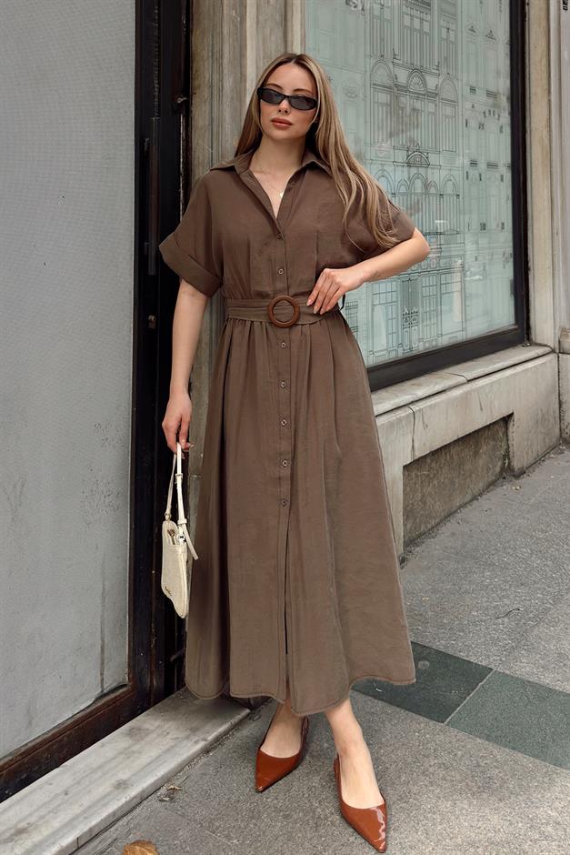 Modal Dress with Gathered Waist Belt Detail COFFEE 9307-E