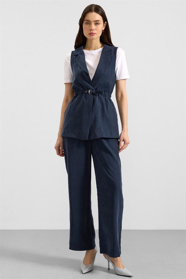 Beli Büzgülü Kemer Detaylı Modal Yelek LACİVERT 8284