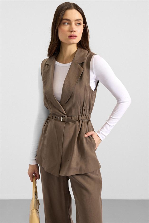 Beli Büzgülü Kemer Detaylı Modal Yelek HAKİ 8284