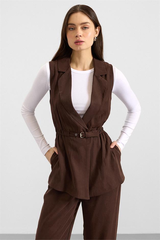 Beli Büzgülü Kemer Detaylı Modal Yelek KAHVE 8284
