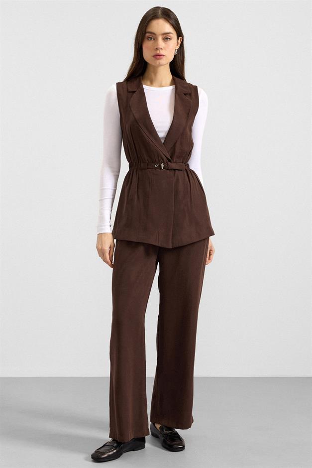 Beli Büzgülü Kemer Detaylı Modal Yelek KAHVE 8284