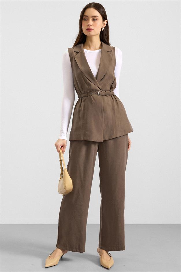 Beli Büzgülü Kemer Detaylı Modal Yelek HAKİ 8284