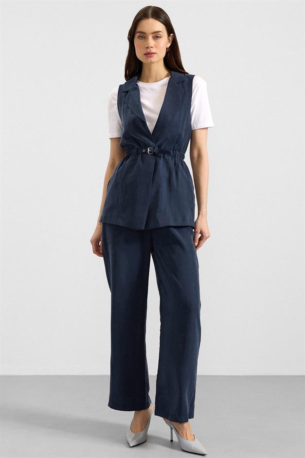 Beli Büzgülü Kemer Detaylı Modal Yelek LACİVERT 8284