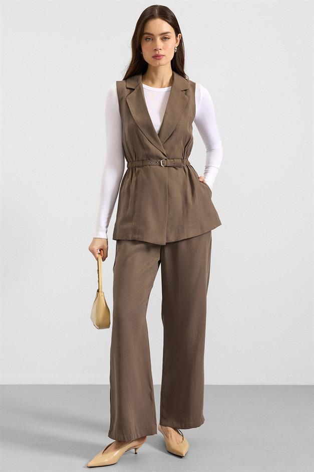 Beli Büzgülü Kemer Detaylı Modal Yelek HAKİ 8284