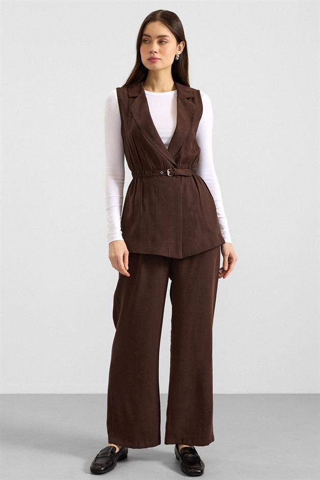 Beli Büzgülü Kemer Detaylı Modal Yelek KAHVE 8284