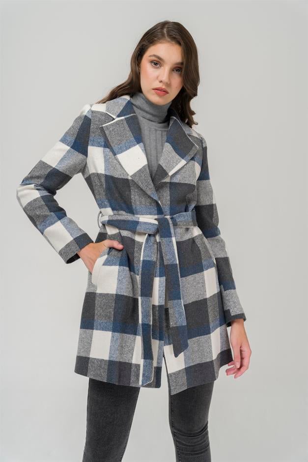 Belted Waist Lined Plaid Patterned Coat BLUE 3927-E