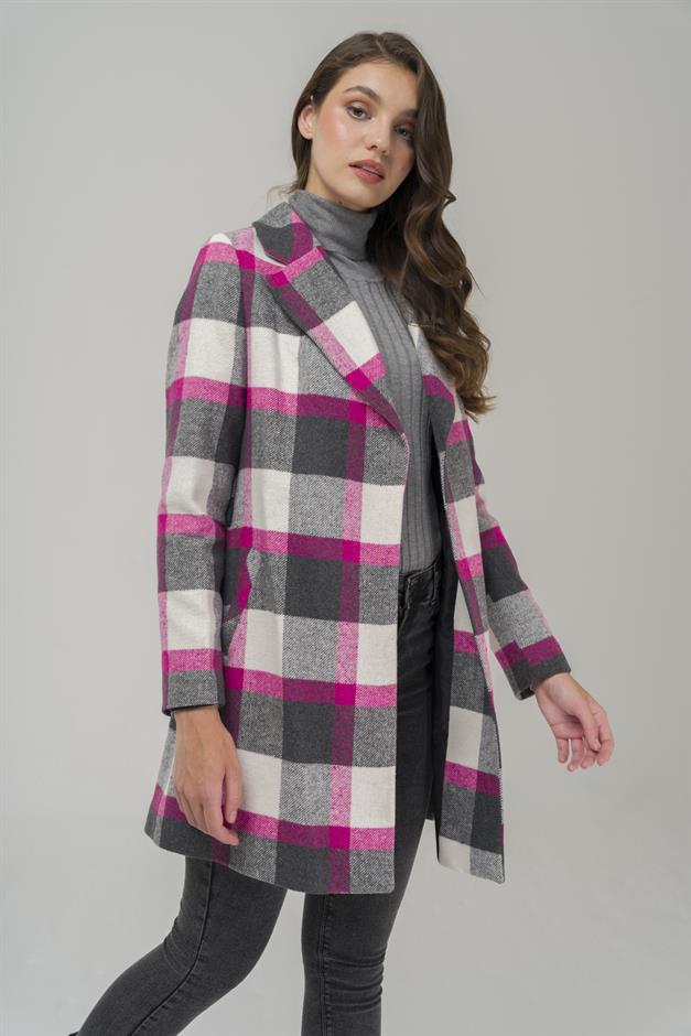 Belted Waist Lined Plaid Patterned Coat Fuchsia 3927-E