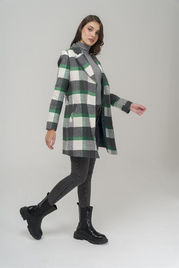 Belted Waist Lined Plaid Patterned Coat GREEN 3927-E