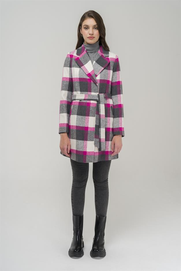 Belted Waist Lined Plaid Patterned Coat Fuchsia 3927-E