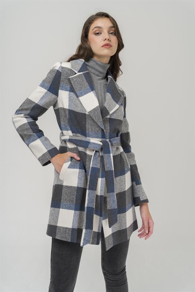 Belted Waist Lined Plaid Patterned Coat BLUE 3927-E