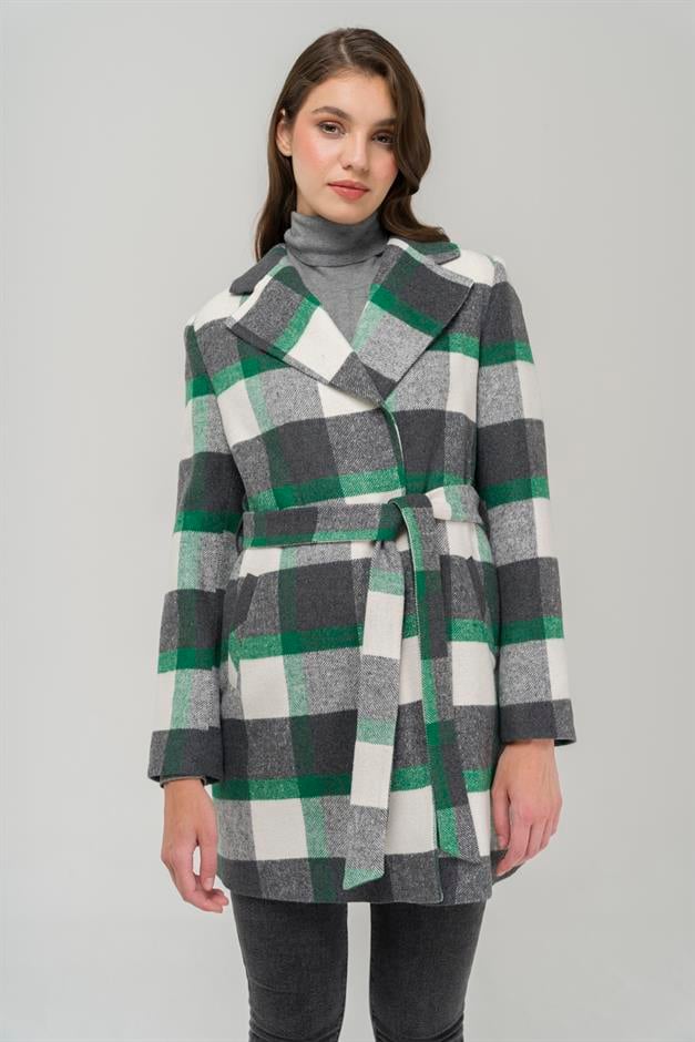 Belted Waist Lined Plaid Patterned Coat GREEN 3927-E