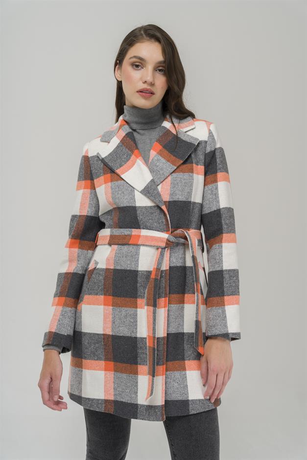 Belted Waist Lined Plaid Patterned Coat ORANGE 3927-E