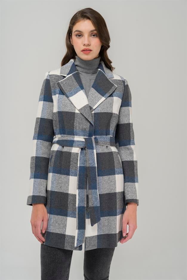Belted Waist Lined Plaid Patterned Coat BLUE 3927-E