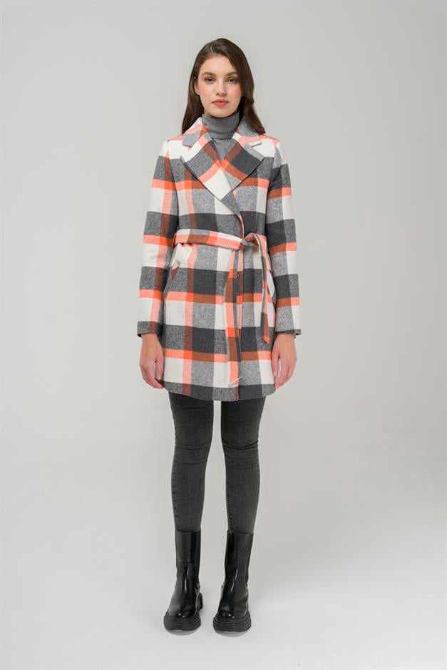 Belted Waist Lined Plaid Patterned Coat ORANGE 3927-E