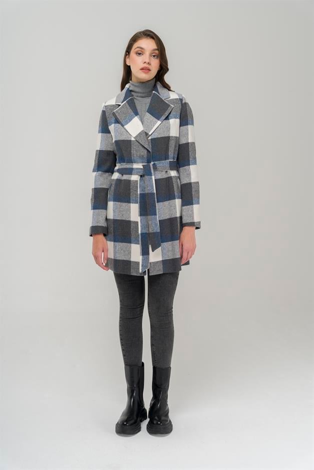 Belted Waist Lined Plaid Patterned Coat BLUE 3927-E