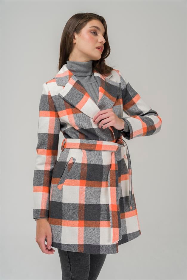 Belted Waist Lined Plaid Patterned Coat ORANGE 3927-E