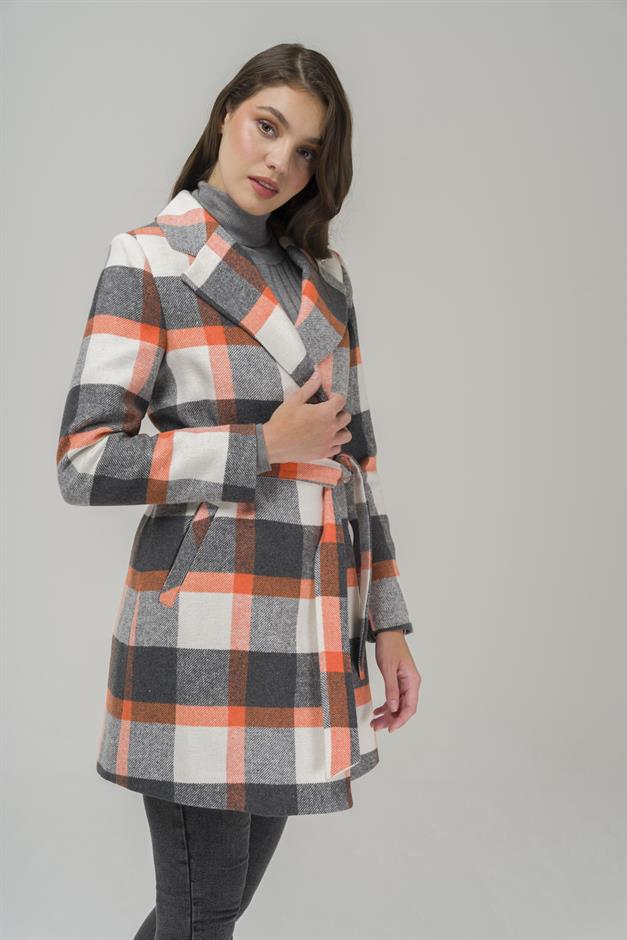 Belted Waist Lined Plaid Patterned Coat ORANGE 3927-E