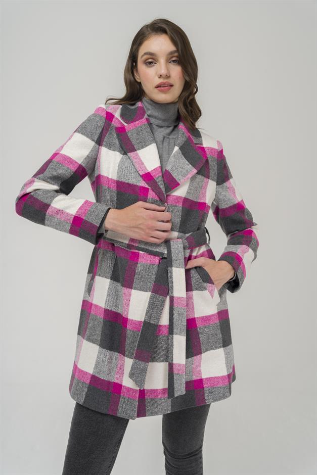 Belted Waist Lined Plaid Patterned Coat Fuchsia 3927-E