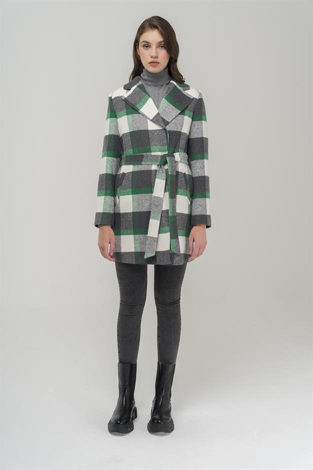 Belted Waist Lined Plaid Patterned Coat GREEN 3927-E