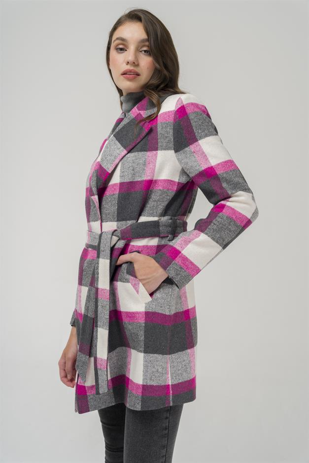Belted Waist Lined Plaid Patterned Coat Fuchsia 3927-E