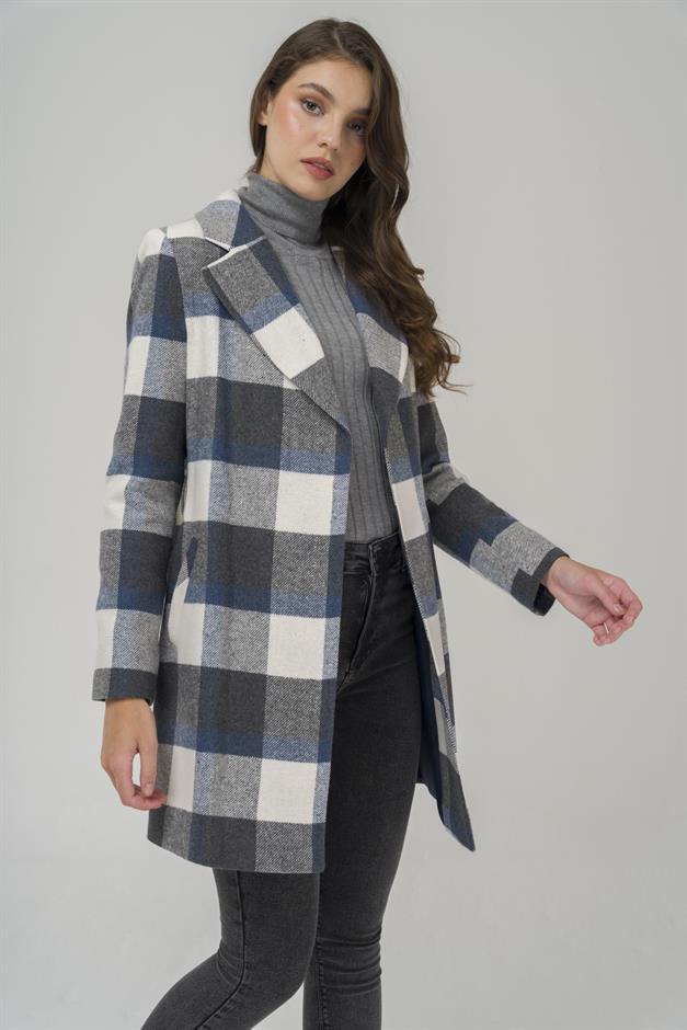 Belted Waist Lined Plaid Patterned Coat BLUE 3927-E