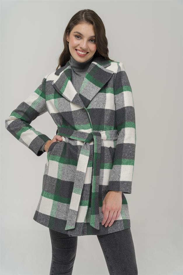 Belted Waist Lined Plaid Patterned Coat GREEN 3927-E