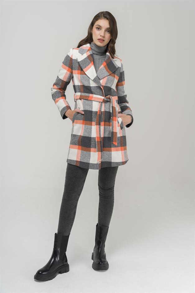 Belted Waist Lined Plaid Patterned Coat ORANGE 3927-E