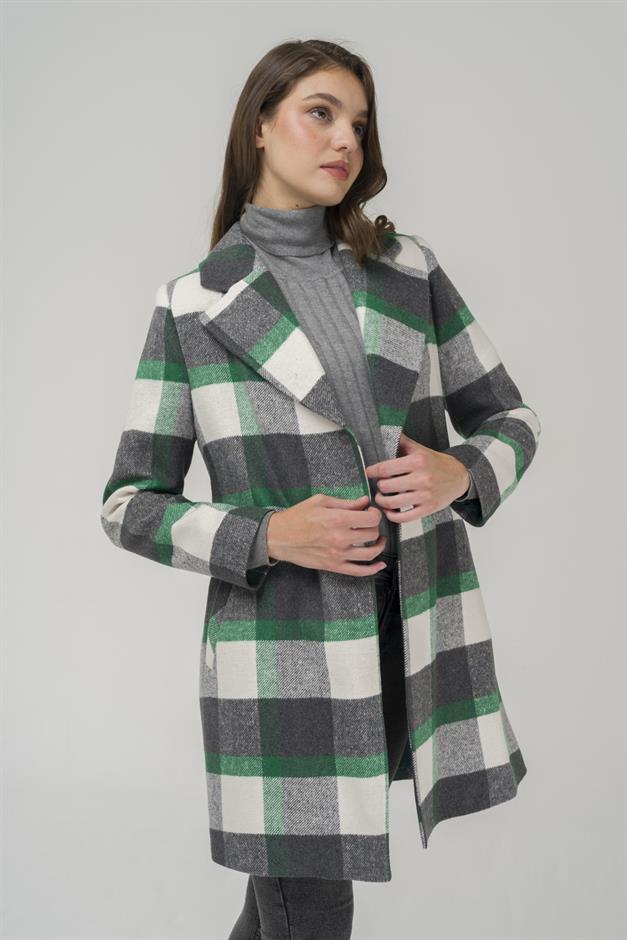 Belted Waist Lined Plaid Patterned Coat GREEN 3927-E