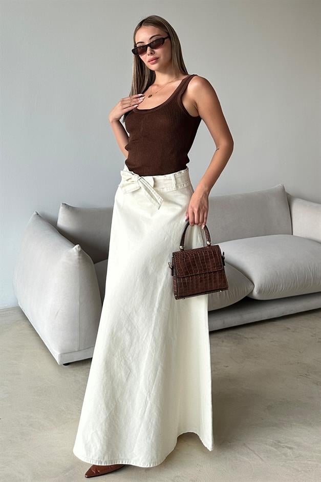 Denim Bell-Length Skirt with Belt at Waist IVORY 7064