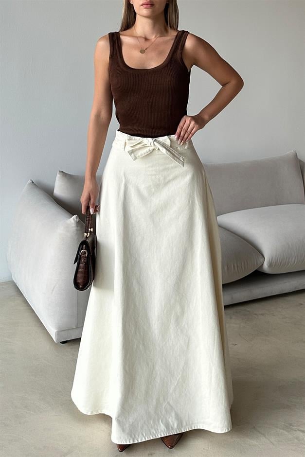 Denim Bell-Length Skirt with Belt at Waist IVORY 7064