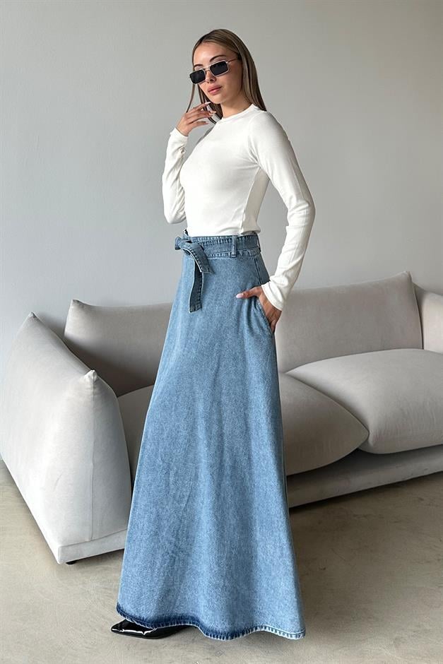 Denim Bell-Length Skirt with Belt at Waist BLUE 7064