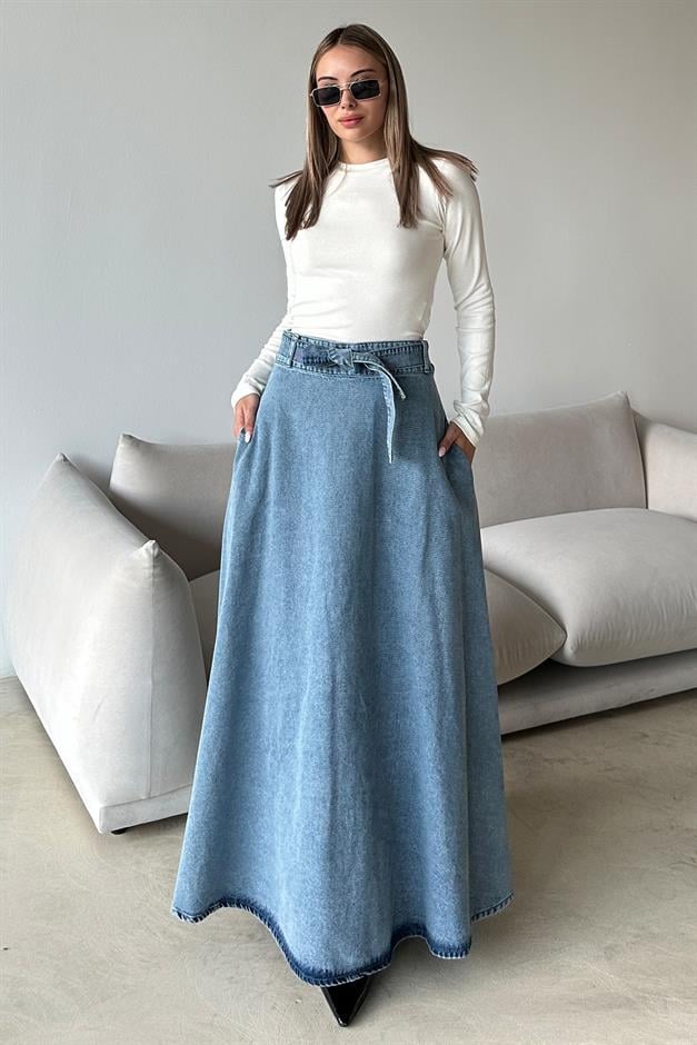 Denim Bell-Length Skirt with Belt at Waist BLUE 7064