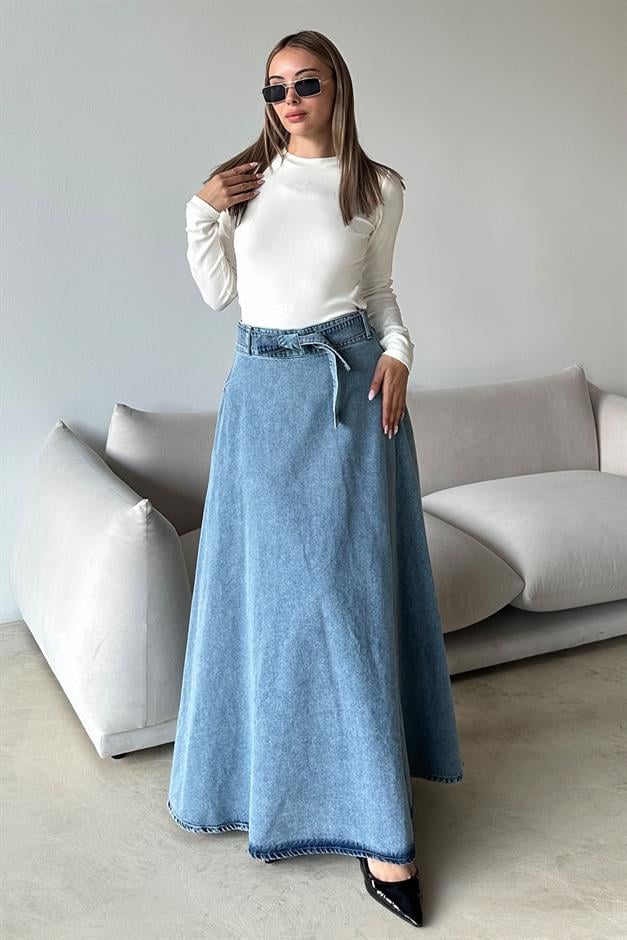 Denim Bell-Length Skirt with Belt at Waist BLUE 7064