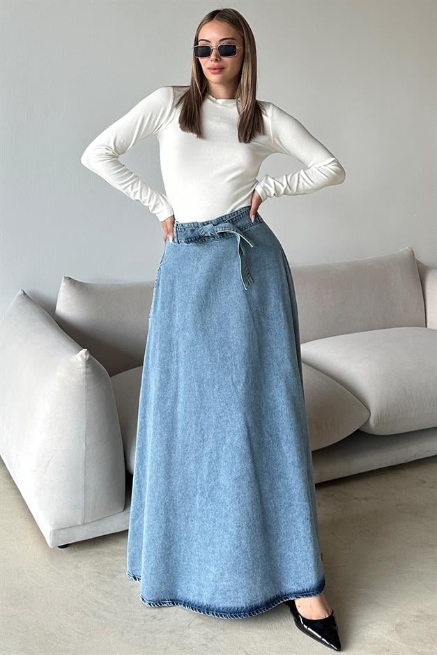 Denim Bell-Length Skirt with Belt at Waist BLUE 7064