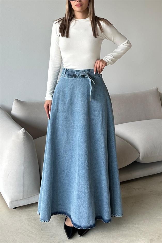 Denim Bell-Length Skirt with Belt at Waist BLUE 7064