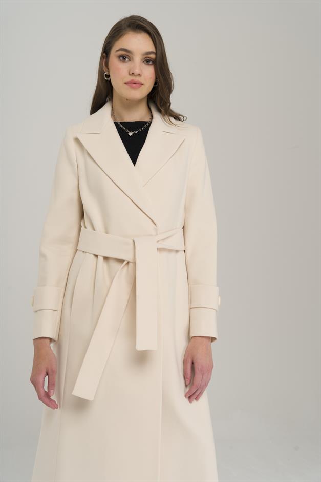 Mid-Length Coat with Belted Waist and Snap Closure on Sleeves IVORY 3912