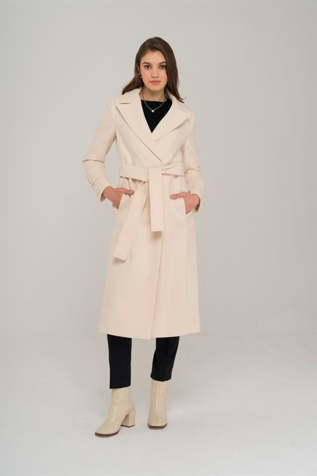 Mid-Length Coat with Belted Waist and Snap Closure on Sleeves IVORY 3912