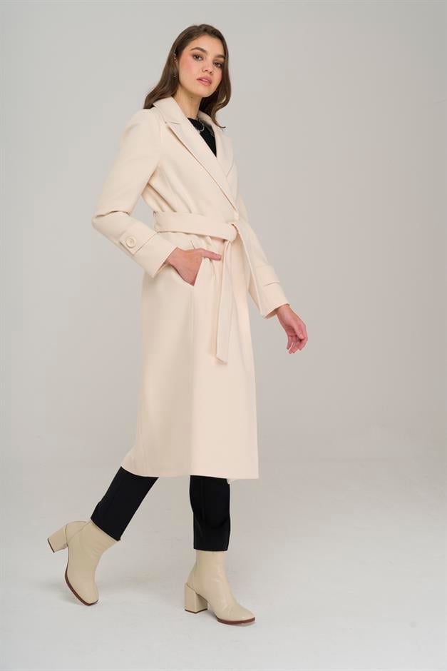 Mid-Length Coat with Belted Waist and Snap Closure on Sleeves IVORY 3912