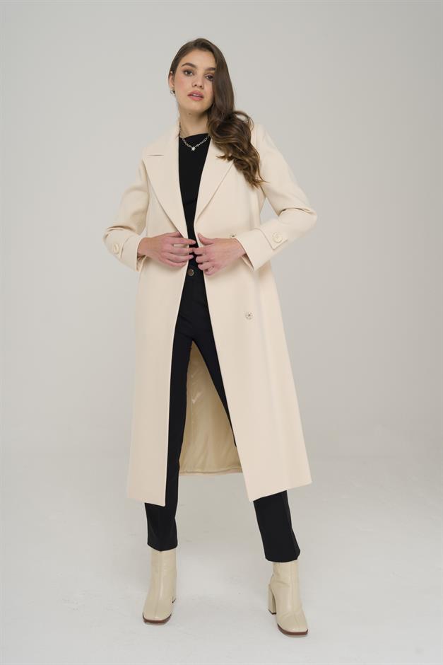 Mid-Length Coat with Belted Waist and Snap Closure on Sleeves IVORY 3912