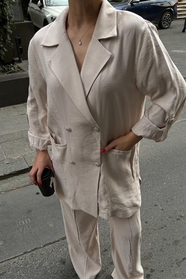 Elastic Waist Unlined Casual Jacket and Trouser Set IVORY 7910-TK