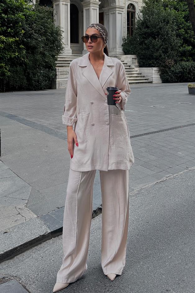 Elastic Waist Unlined Casual Jacket and Trouser Set IVORY 7910-TK