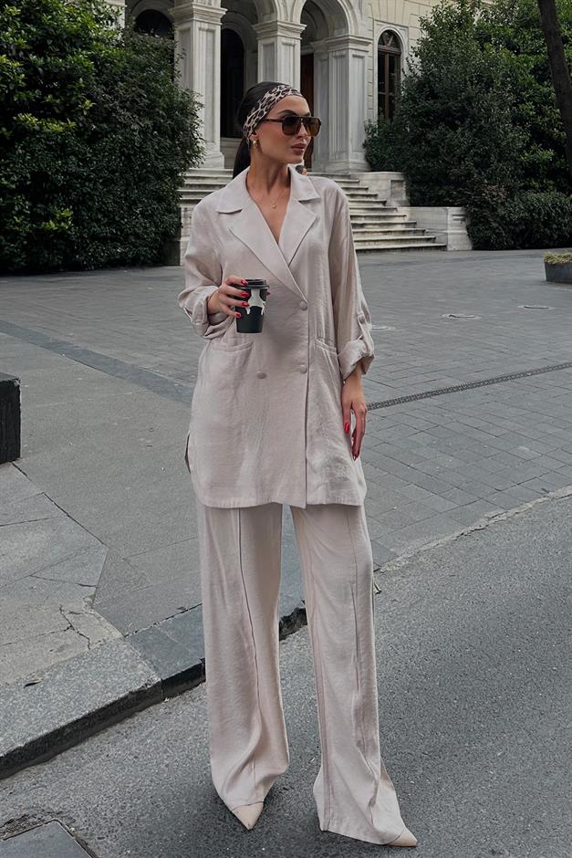 Elastic Waist Unlined Casual Jacket and Trouser Set IVORY 7910-TK