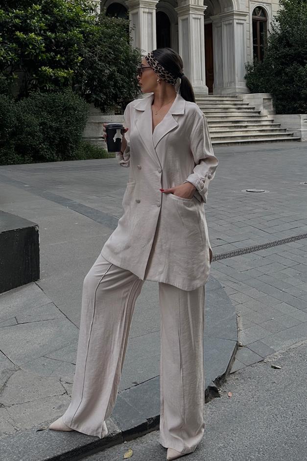 Elastic Waist Unlined Casual Jacket and Trouser Set IVORY 7910-TK